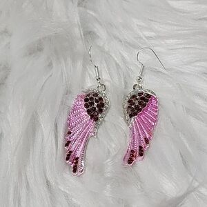 Pink Rhinestone Angel Wings Dangle Earrings - NWT
